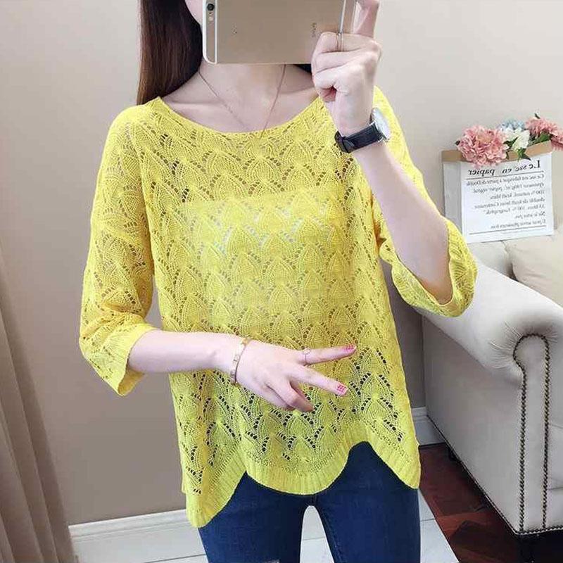Women's Thin Hollow Knitted Sweater Three-quarter Sleeve Bottoming Shirt Loose Pullover Hollow Short-sleeved Sunscreen Top