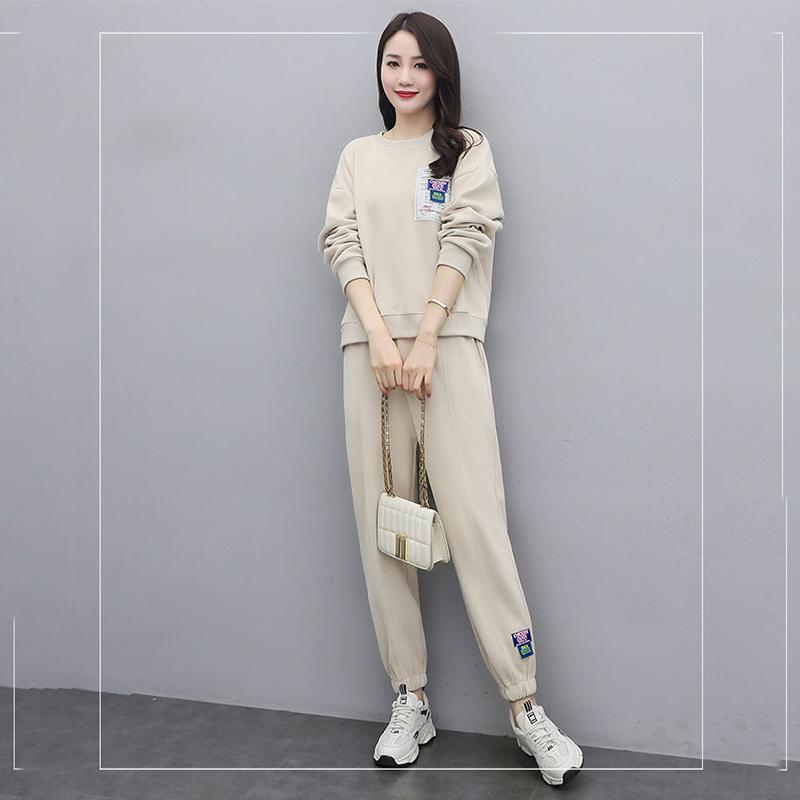 Sportswear Suit Women Loose and Thin Pullover Sweater Casual Two-piece Round Neck Long-sleeved Shirt + Casual Sports Pants Warm and Comfortable