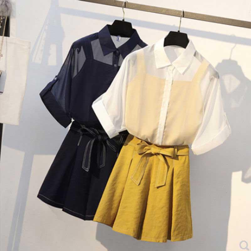XL-5XL Women Chiffon T-shirt+shorts+vest 3pcs Office Ladies Short Sleeve Top Pants Set