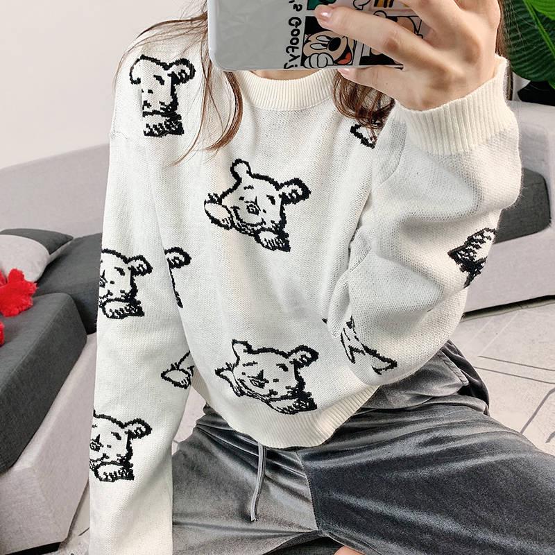 Pofulove Girl Loose Winnie the Pooh Collection Net Red Knit Bottoming Shirt Women's Sweater Short