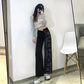 Retro Harva Chic Design Splicing Straight Jeans Female High Waist Wild Slim Show Long Legs Wide Legs