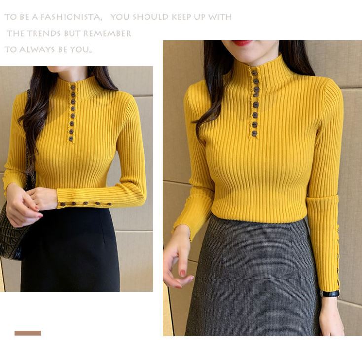 Women's Half Turtleneck Pullover Korean Style Fashion Solid Color Bottoming Shirt Slim Fit Long Sleeve Sweater