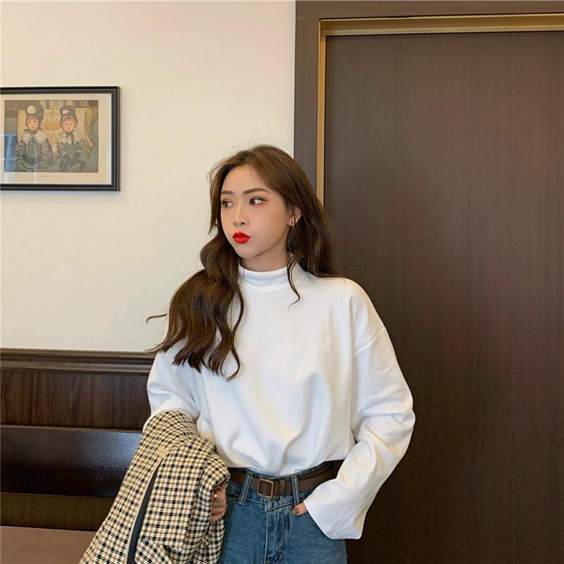 PofuloveT-shirt Women Loose Wild Long-sleeved Bottoming Winter Half-high Collar Fleece Thickened