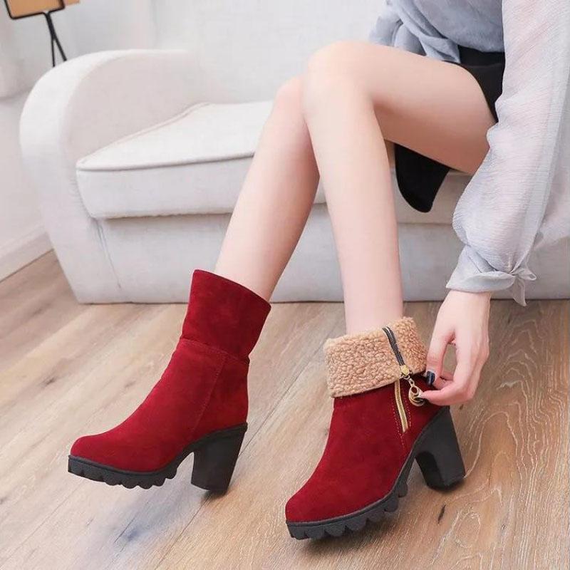 Winter Warm Mid-tube Women's Boots Korean Style High-heeled Thick-heeled Martin Boots Frosted Short Boots Women's Shoes