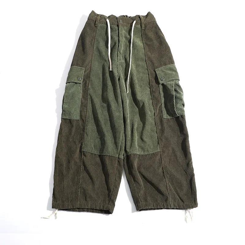 Retro Corduroy Drawstring Trousers Loose Wide-leg Bilateral Large Pockets Drawstring Pants Men