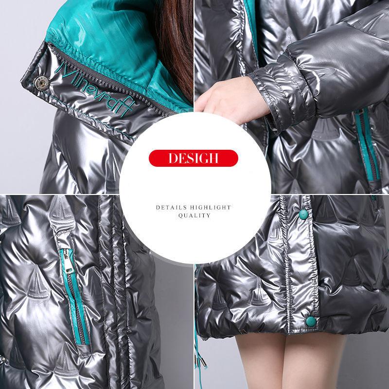 Shiny Winter Jacket Women Mid-length Stand-up Collar Thick Warm Loose  Padded Jacket Windproof Drawstring Ladies Coats