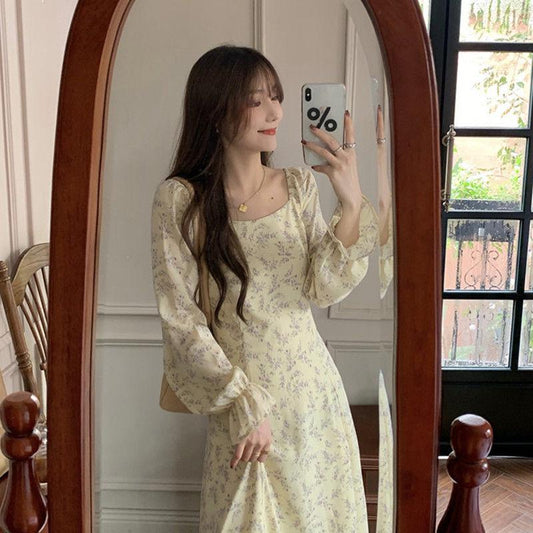 Female Elegant Floral Print Graceful Holiday Dress Vintage Gentle Fairy Long Vacation Slim Dress