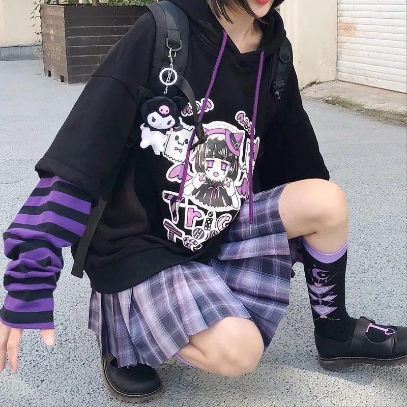 Autumn Winter Sweatshirts Women Anime Pullover Hoodies Fake Two Piece Striped Sleeve Oversized Loose Fashion Black Sportshirts Hip Hop Hooded Tops