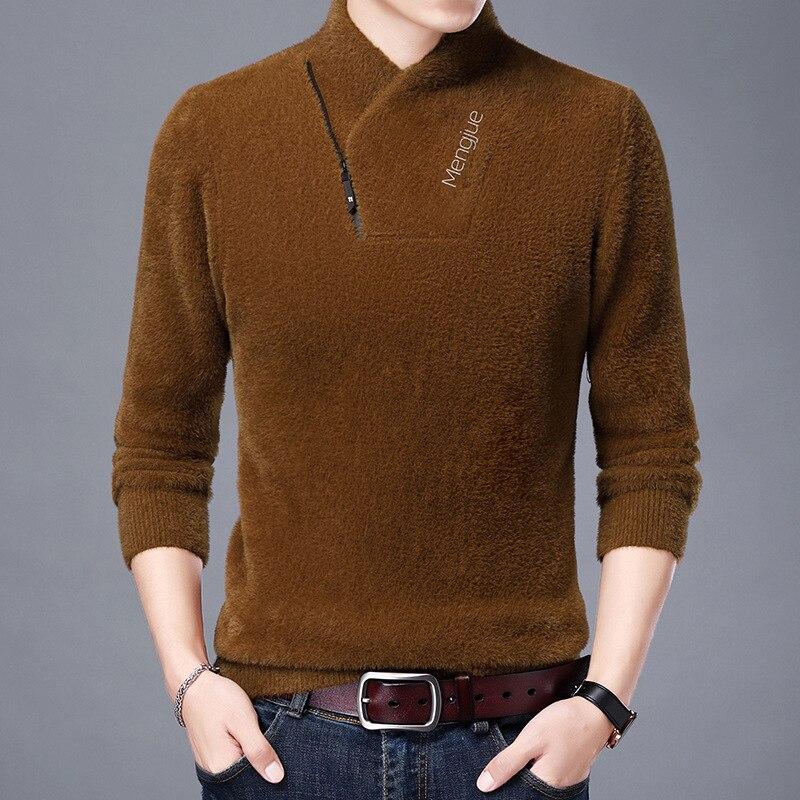 Men Clothing Imitation Mink All-match Base Shirt Men's Diagonal Zipper Stand-up Collar Warm Sweater