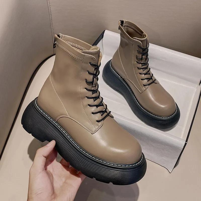 Autumn and Winter Leather Sponge Cake Thick-soled Martin Boots Thin Plush Boots Heightening Short Velvet Boots All-match