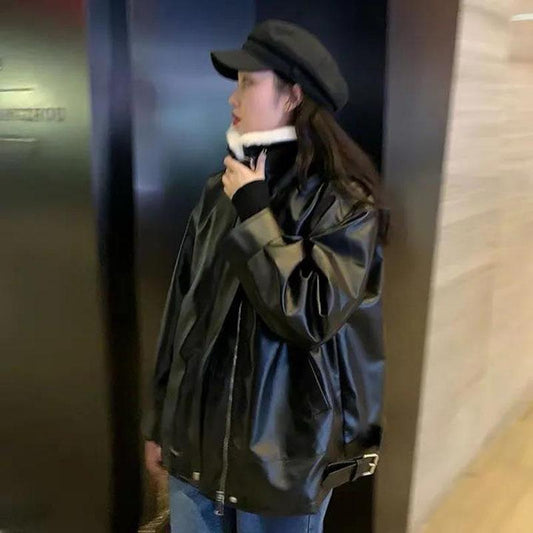 Autumn and Winter Leather Jacket Retro Loose Motorcycle Jacket Plus Velvet Thickening Mid-length Women's Leather Jacket