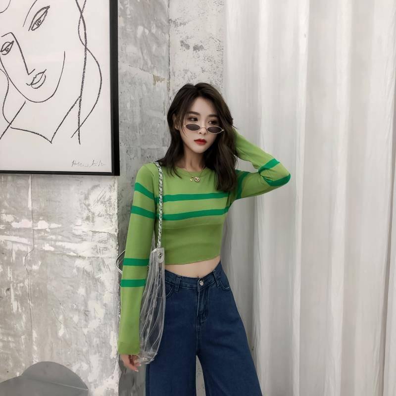 Pofulove Sexy Slim Waist Round Neck Pullover Short Striped Sweater Women Open Navel  Knitwear