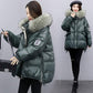 Women's Glossy Loose Down Jacket Mid-length Korean Thick Coat Warm Cotton Coat with Big Fur Collar Winter Quilted Jacket
