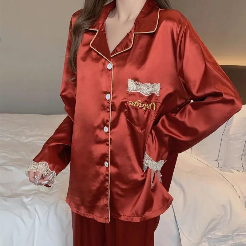 Women's Spring Autumn Long-sleeved Pajamas Set Thin Ice Silk Embroidered Homewear Sexy Simulation Silk Casual Suit Outer Wear Pyjamas Sleeping Suit