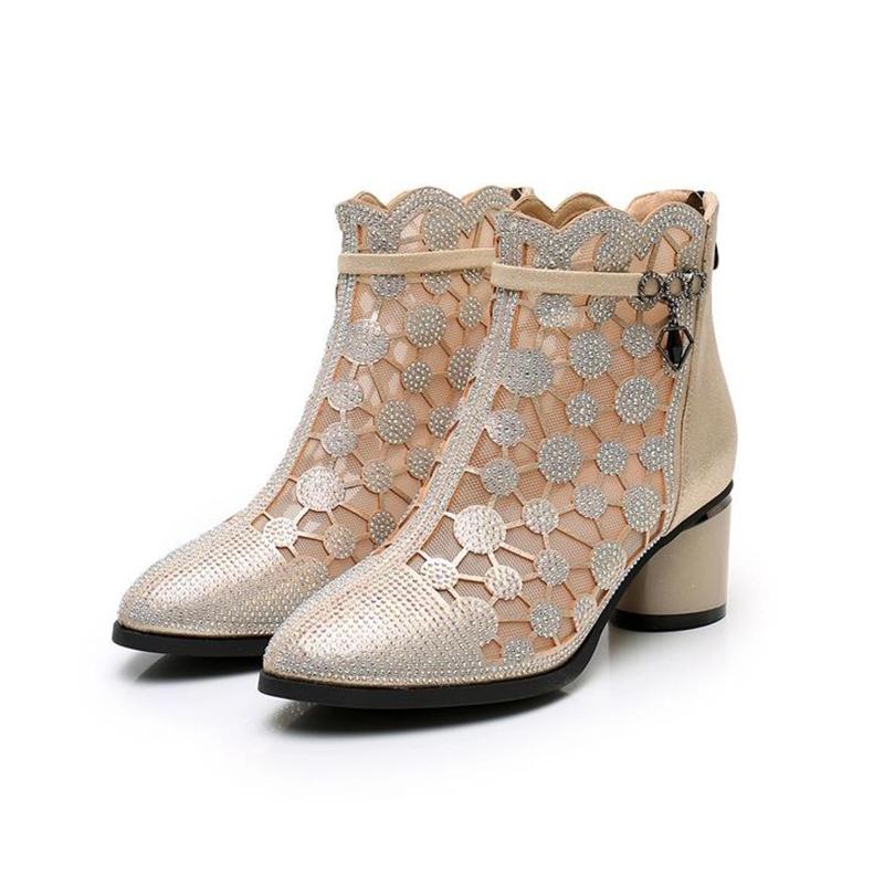 Sandals Women's Mesh Cool Boots All-match Hollow Rhinestone Breathable Thick-heeled Ankle Boots Women's Black High-heeled Boots