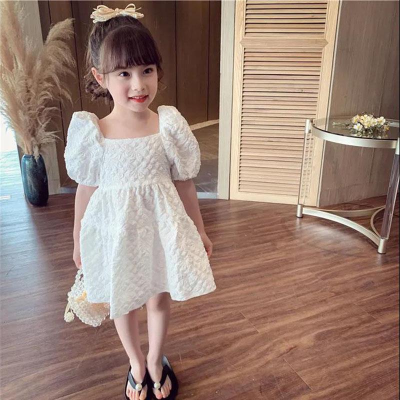 Girls White Dress Summer Dress Children Sweet Princess Dress Net Red Puff Sleeve Little Girl Skirt Square Neck Short Sleeves