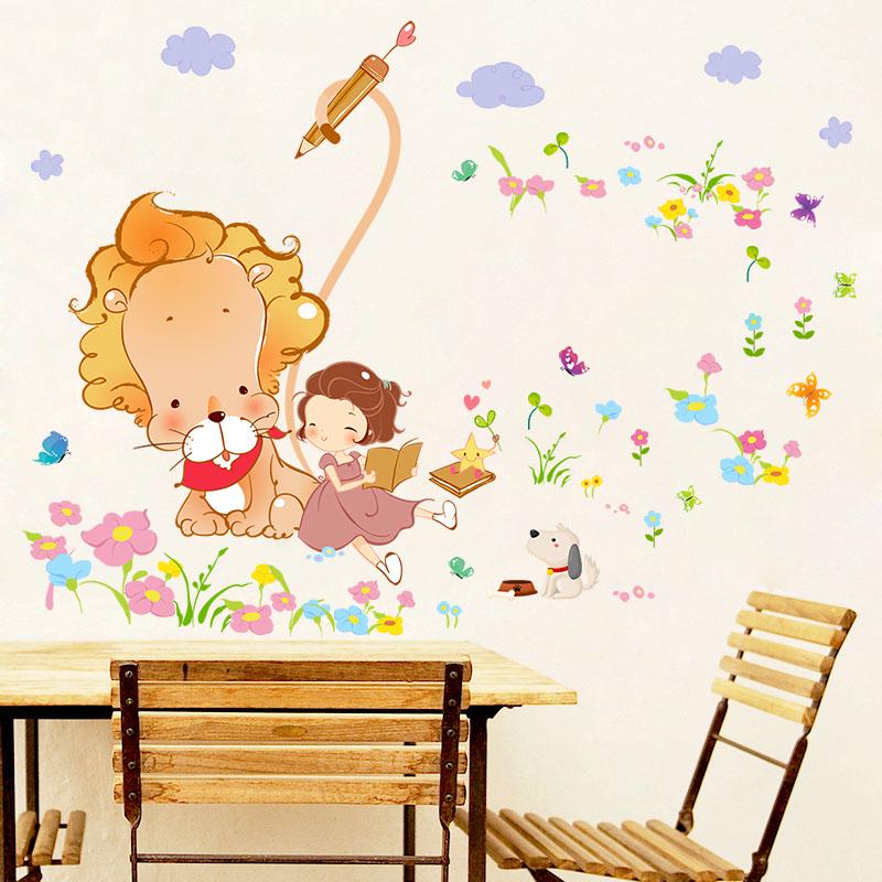 [Wall sticker ]Lion Girl In The Flowers Wall Stickers For Kids Rooms Nursery Baby Bedroom Children D