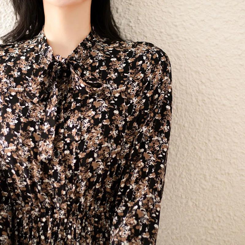 Chiffon Floral Long-sleeved Dress Women's Spring and Autumn Dress Waist Slim Temperament Retro Light Familiar Style Pleated Long Skirt