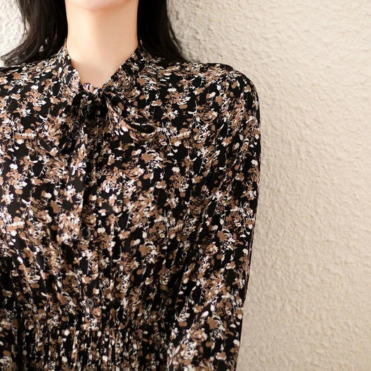 Chiffon Floral Long-sleeved Dress Women's Spring and Autumn Dress Waist Slim Temperament Retro Light Familiar Style Pleated Long Skirt