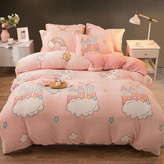 Winter Warm Coral Fleece Four-piece Double-sided Fleece Sheet Duvet Cover Flannel Bedding