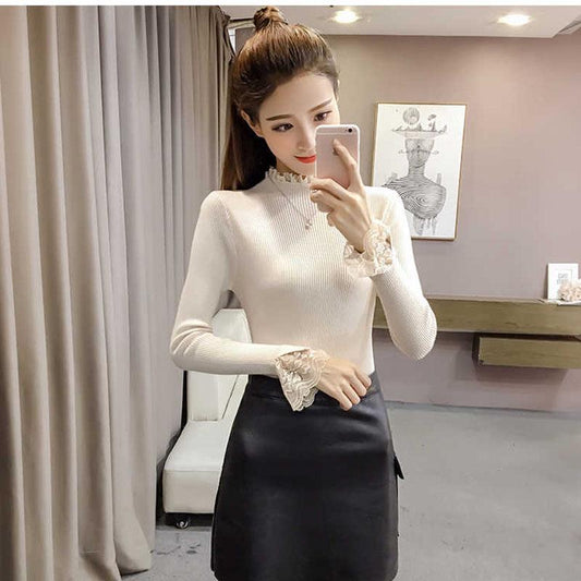 Autumn and Winter Slim-fit Sweater with Lace Trim and Thin Pullover Jacket Fashion Casual Young Women's Top