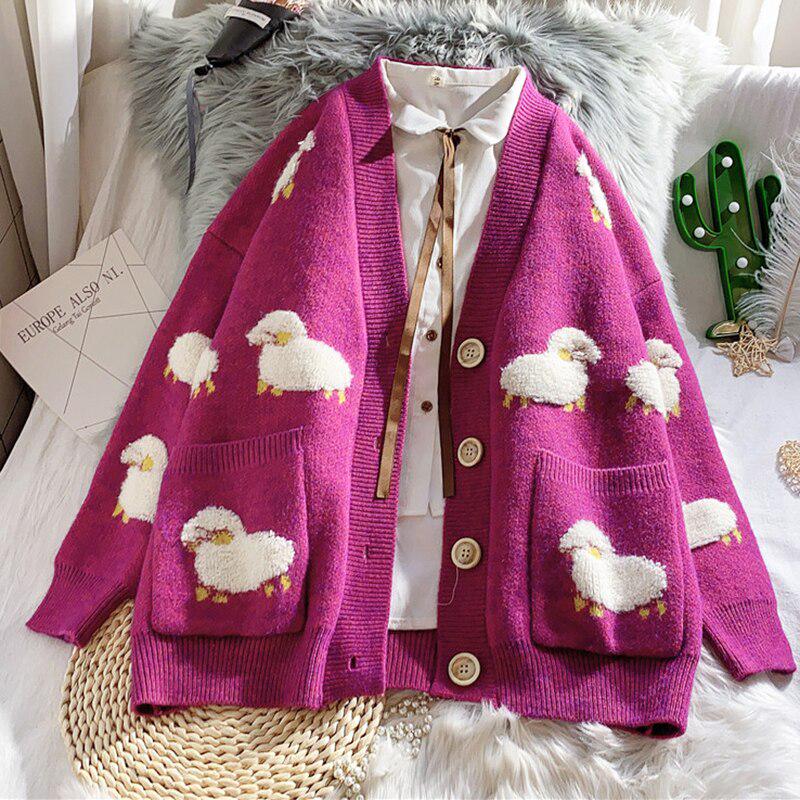New Sweater Cardigan Female Loose Street Knit Sweater Cute Cartoon Print V Neck Cardigan Jacket Tops
