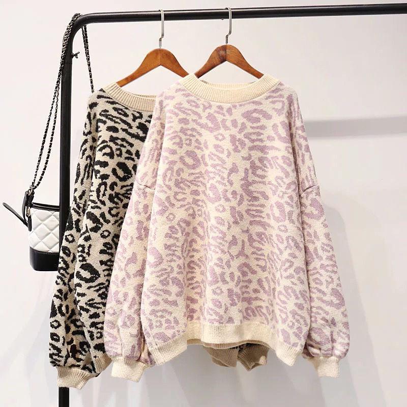 Autumn and Winter Ladies Sweater Leopard Print Knit Sweater, Oversized Casual Loose O Neck Knitwear Top