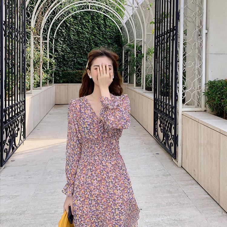 2020 Spring Chiffon Midi Dress Korean Floral Printing Ruffles Dress Hem Elegant Party Vestidos
