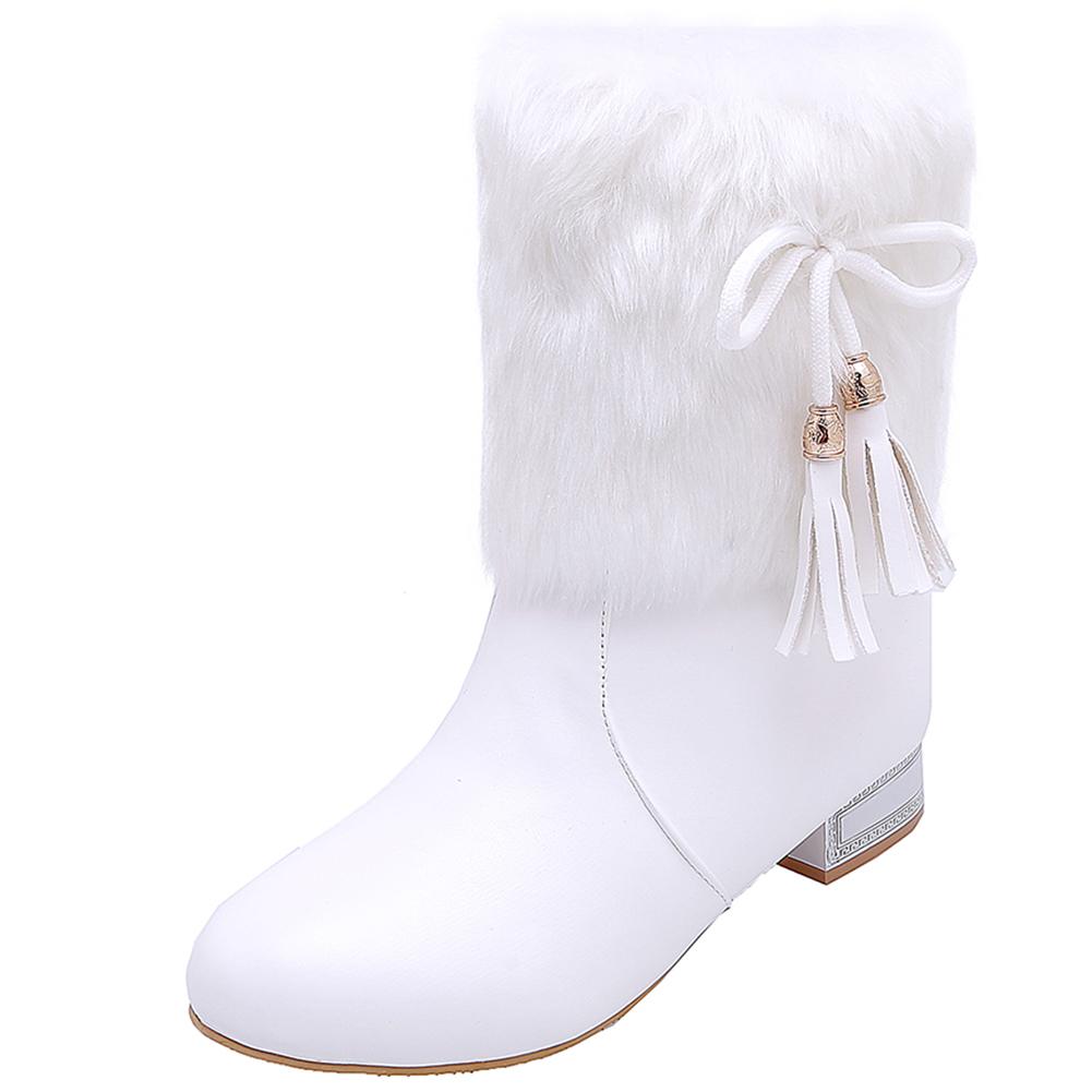 Snow Boots Short Plush Fleeces Square Heel Round Toe Slip On Solid Mid Calf Butterfly Knot Winter Boots Woman
