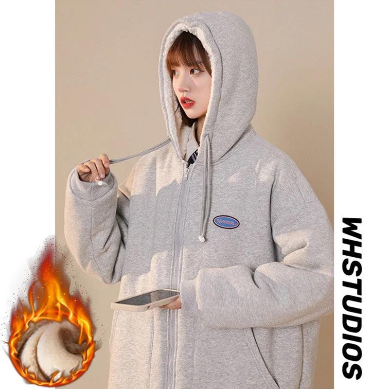 Zipper Cardigan Lamb Plush Hooded Sweater Plus Velvet Thick Winter Loose Jacket Casual Top Comfortable Sports Top Warm Cotton Clothes
