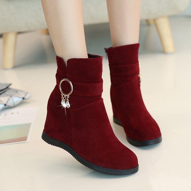 Fall and Winter Plus Velvet Flat-bottomed Inner Height Shoes Wedge Heel Short Tube Women's Cotton Boots