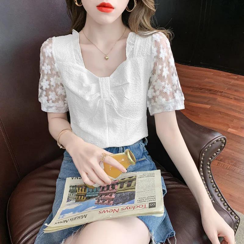 Women's Summer Loose Square Neck Embroidered Top Short Sleeve T-Shirt