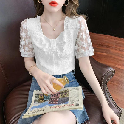 Women's Summer Loose Square Neck Embroidered Top Short Sleeve T-Shirt