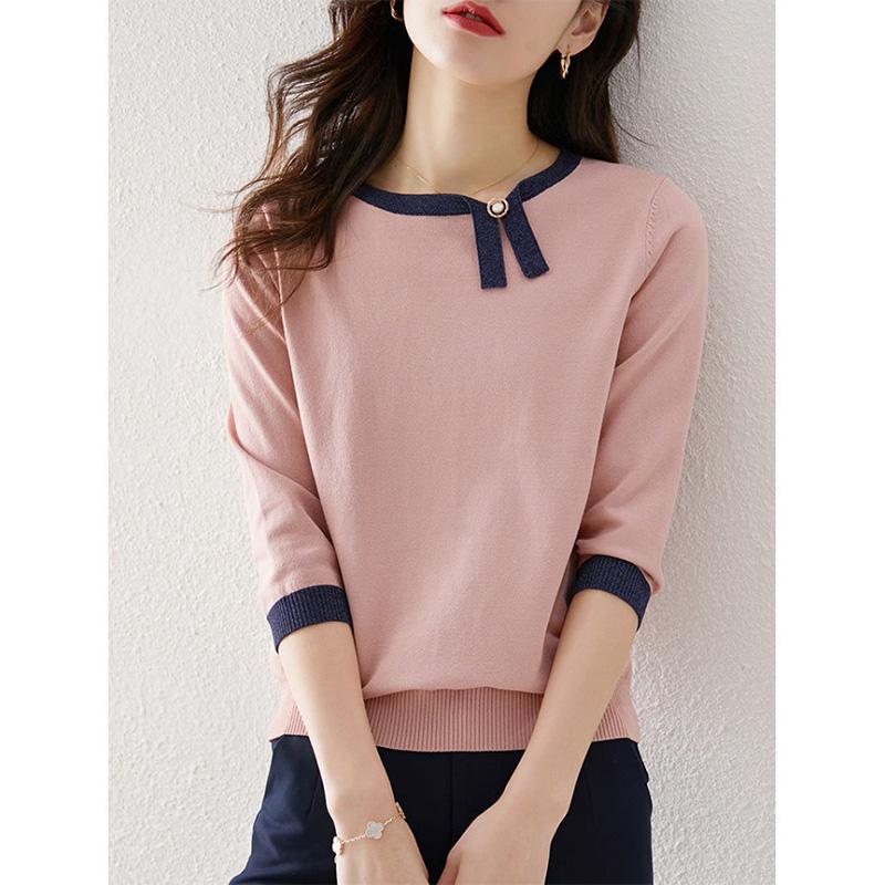Contrast Color Design Sense Asymmetric Ladies Shirt Sweater Knitted Sweater Ice Silk Three-quarter Sleeve Pullover