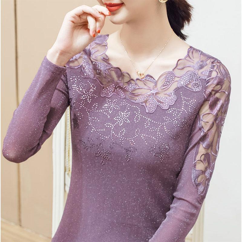 Large Size Women's Lace Shirt Long Sleeves Outer Wear Hollow Thin Inner Mesh Bottoming Shirt