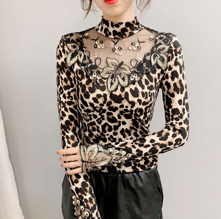 Spring Leopard Print Long Sleeve Bottom Shirt Fashion Lace Embroidered Top Slim Fit Sexy Plus Size Women's Top