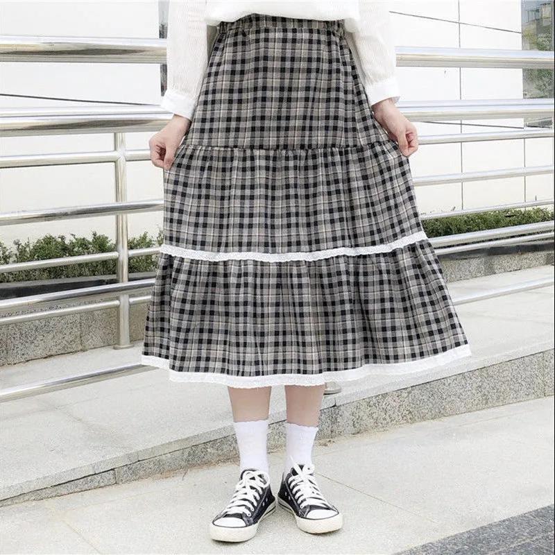 Lace Folds Plaid Skirt Girls Women High Waist A-line Mid-length Half Skirt Thin Daily Student School