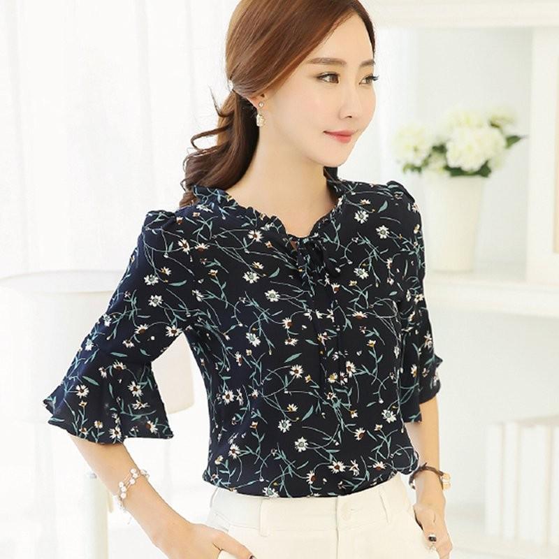 Summer Women Tops Floral Print Chiffon Blouse Bow Short Sleeve Plus Size Tops