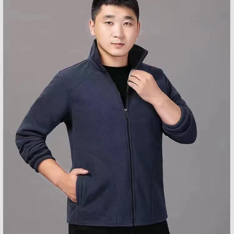 Middle-aged Elderly Men's Polar Fleece Sports Jacket Spring and Autumn Stand Collar Loose Outdoor Casual Sweatshirt Fleece Solid Color Short Top