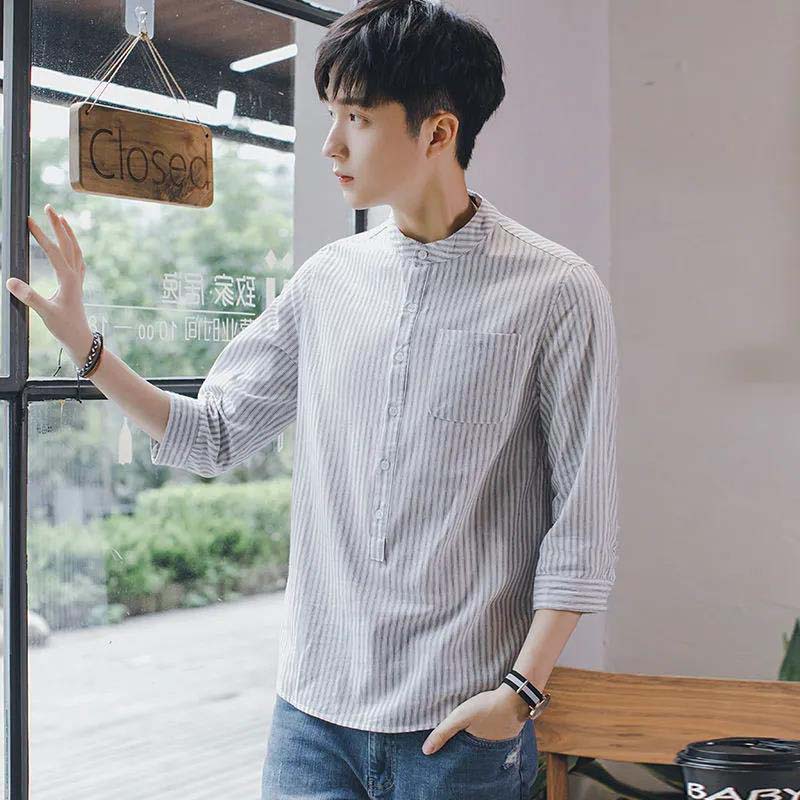 Summer Men's Shirt 7-quarter Sleeves Stand Collar Striped Shirt All-match Casual Short-sleeved Shirt