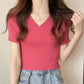 Summer Irregular Cross V-neck Short-sleeved Knitted Sweater Girls Fashion Elegant Thin Top