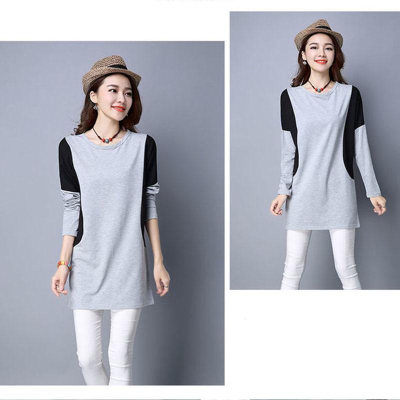 Women's T-shirt Spring Fall Vintage Round neck Long Sleeve Tee Casual Splicing Soft Top Pullover
