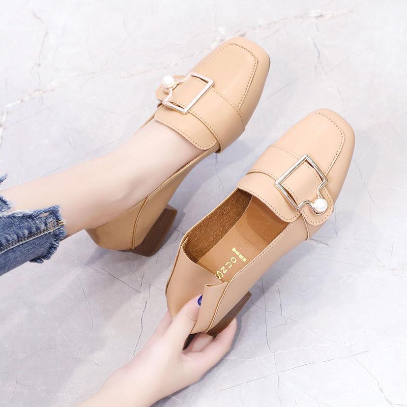 Leather Shoes Retro Square Toe Mid-heel Thick Heel Single Shoes Wild British Style Loafers Women's Mid-heel Comfortable Leather Shoes