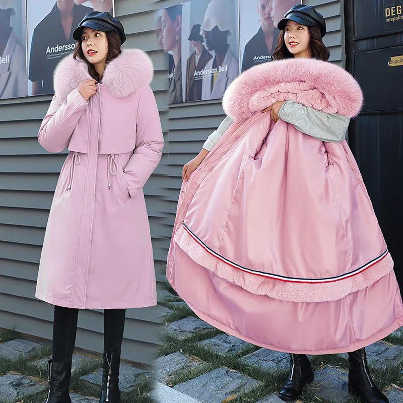 Winter Women's Parker Jacket Hooded Large Fur Collar Jacket Plus Velvet Thick Cotton Jacket Detachable Mid-length Parka Coat
