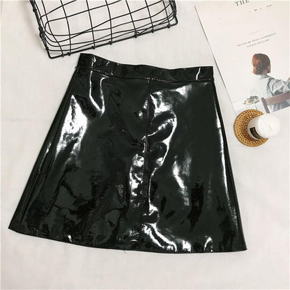 Women's Sexy Leather Skirt Glossy PU leather short Solid zipper Mini Skirt Mid Waist A-line Pencil Skirts