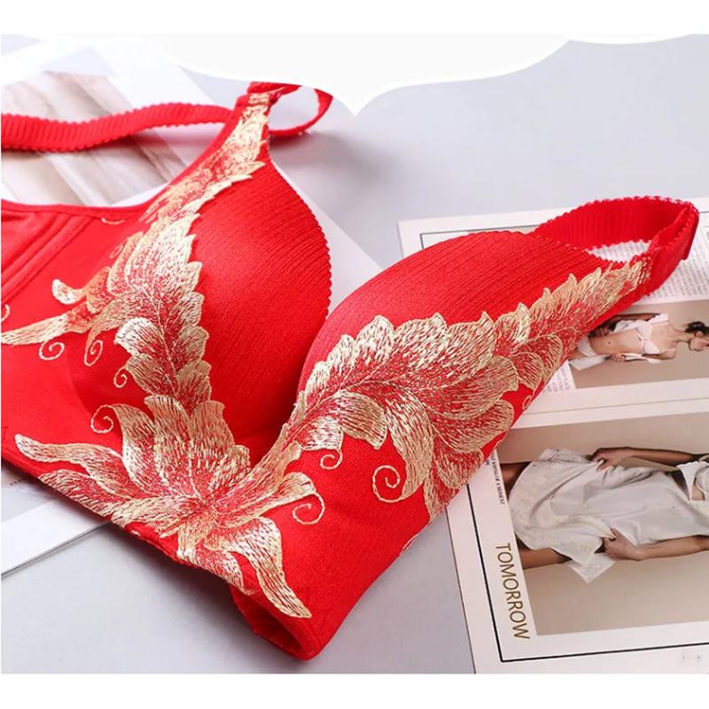 Women's Sexy Lace Mesh Red Gathered Lingerie Set Female Comfortable Adjustable Bra Set No Steel Ring Gathering Underwear for Small Chest Panties Bra