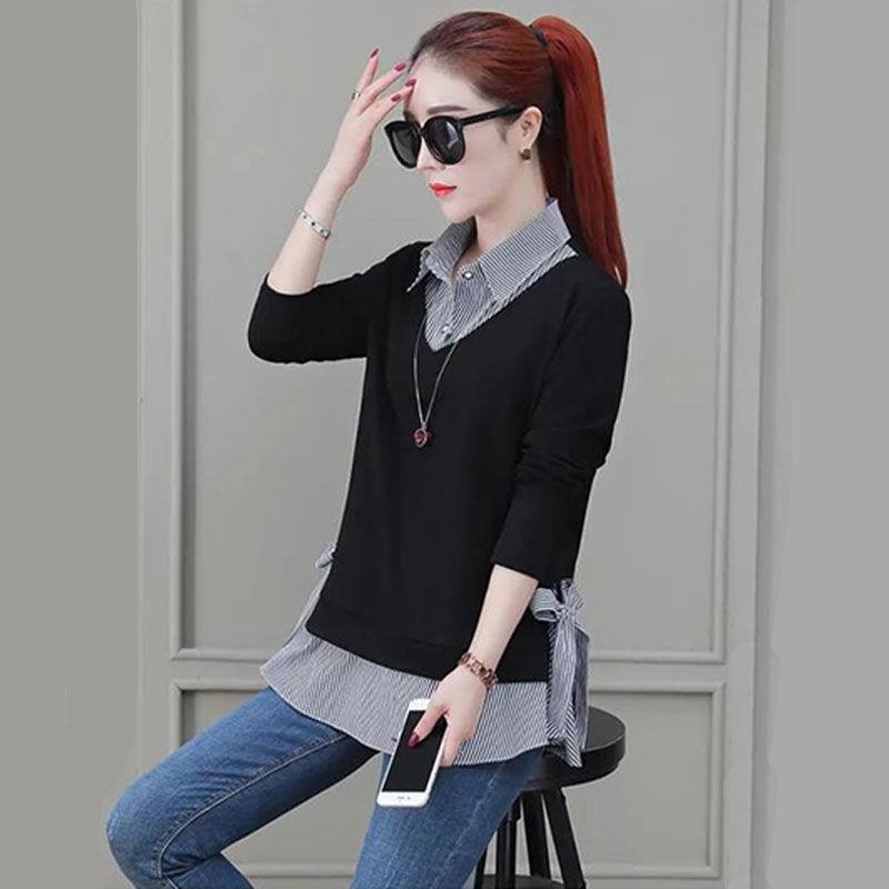 Cotton Plus Size Fake Two-piece Blouse Fall Loose Long Sleeve Sweater Women