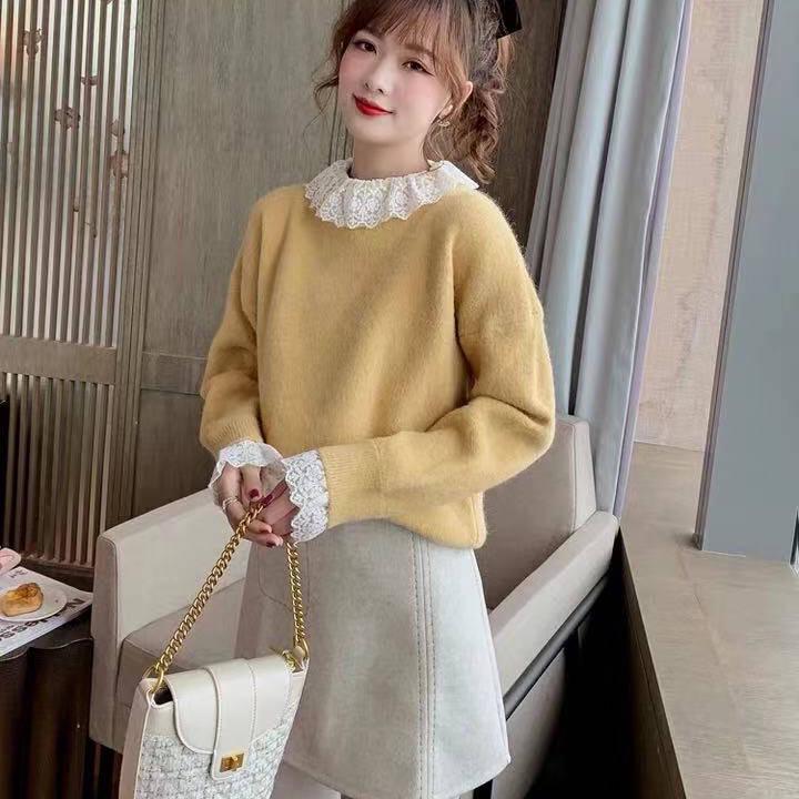 Pofulove Girly Warm Lace Crew Neck Knitwear Skin-friendly High Elasticity Women Pullover Sweater