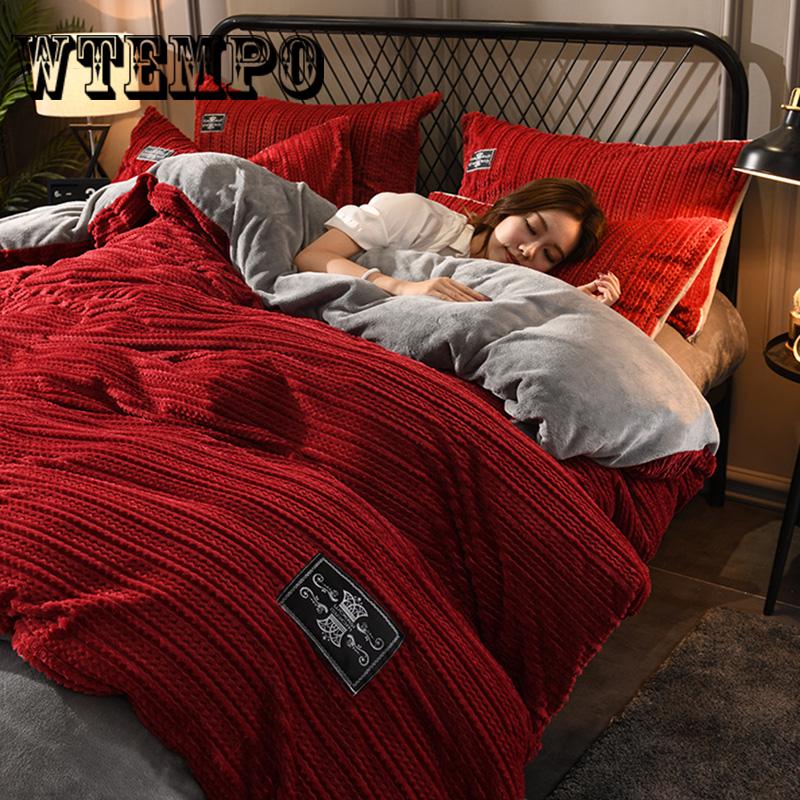 4pcs Home Textile Stripe Duvet Cover Pillow Case Bed Sheet Winter Bedding Set King Queen
