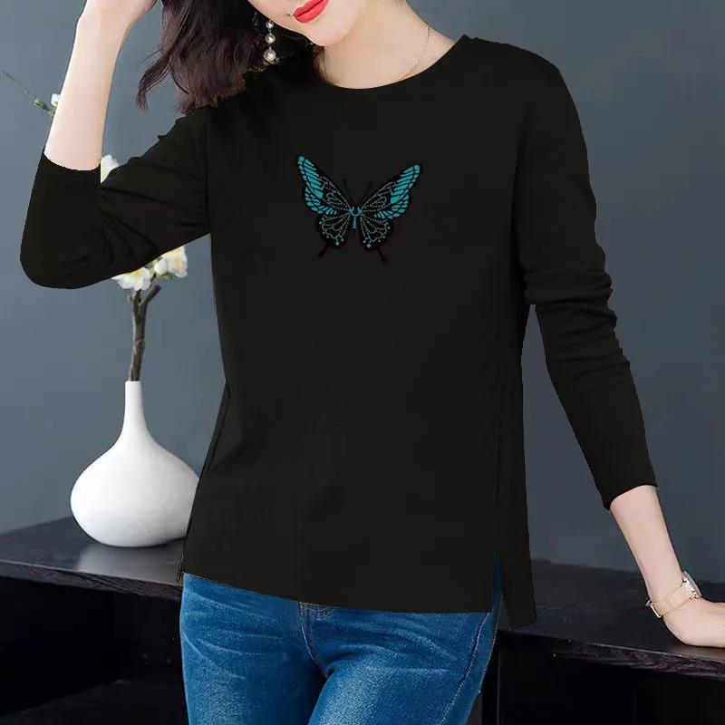 Spring Butterfly Print Shirt Long Sleeve T-Shirt Women Cotton Pullover Casual Split Bottom Shirt
